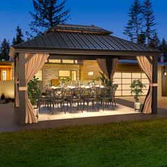 EROMMY 12'x16' Hardtop Gazebo Galvanized Steel Double-Roof Pergola w/ Netting Curtain - Erommy