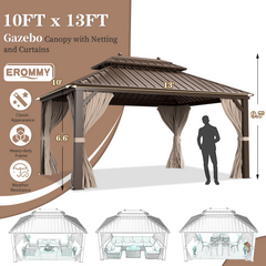EROMMY 10'x13' Hardtop Gazebo Galvanized Steel Double-Roof Gazebo w/ Netting Curtain - Erommy