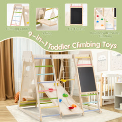 EROMMY Wooden Indoor Jungle Gym for Kids, 9 in 1 Indoor Playground Climbing Toys for Toddlers with Blackboard, Swing, Double-Sided Slide, Monkey Bar, Rope Ladder, Crawing Rock, Climbing Net & Rope