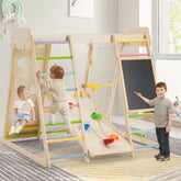 EROMMY Wooden Indoor Jungle Gym for Kids, 9 in 1 Indoor Playground Climbing Toys for Toddlers with Blackboard, Swing, Double-Sided Slide, Monkey Bar, Rope Ladder, Crawing Rock, Climbing Net & Rope