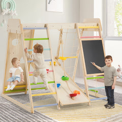 EROMMY Wooden Indoor Jungle Gym for Kids, 9 in 1 Indoor Playground Climbing Toys for Toddlers with Blackboard, Swing, Double-Sided Slide, Monkey Bar, Rope Ladder, Crawing Rock, Climbing Net & Rope