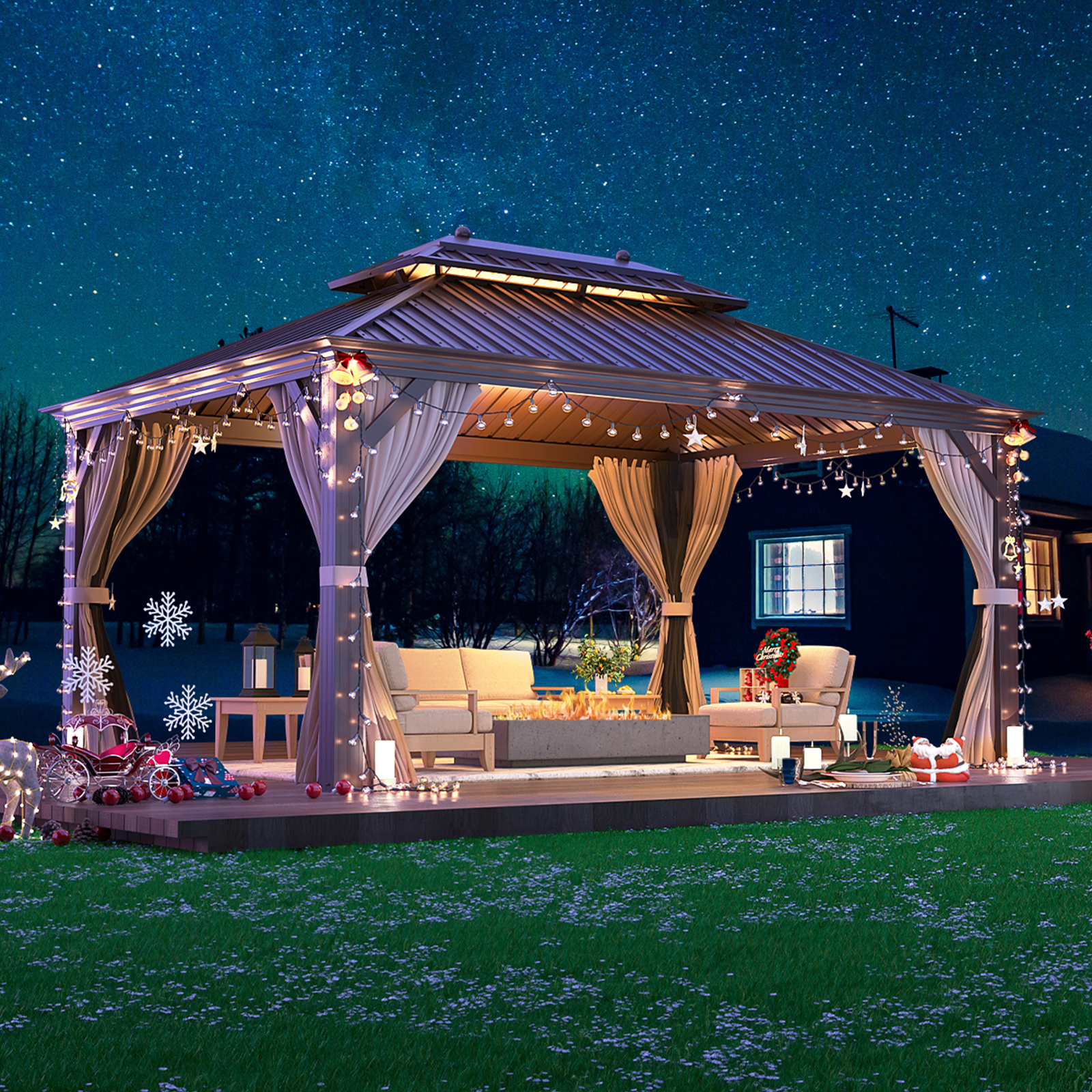 EROMMY 12'x16' Hardtop Gazebo Galvanized Steel Double-Roof Pergola w/ Netting Curtain - Erommy