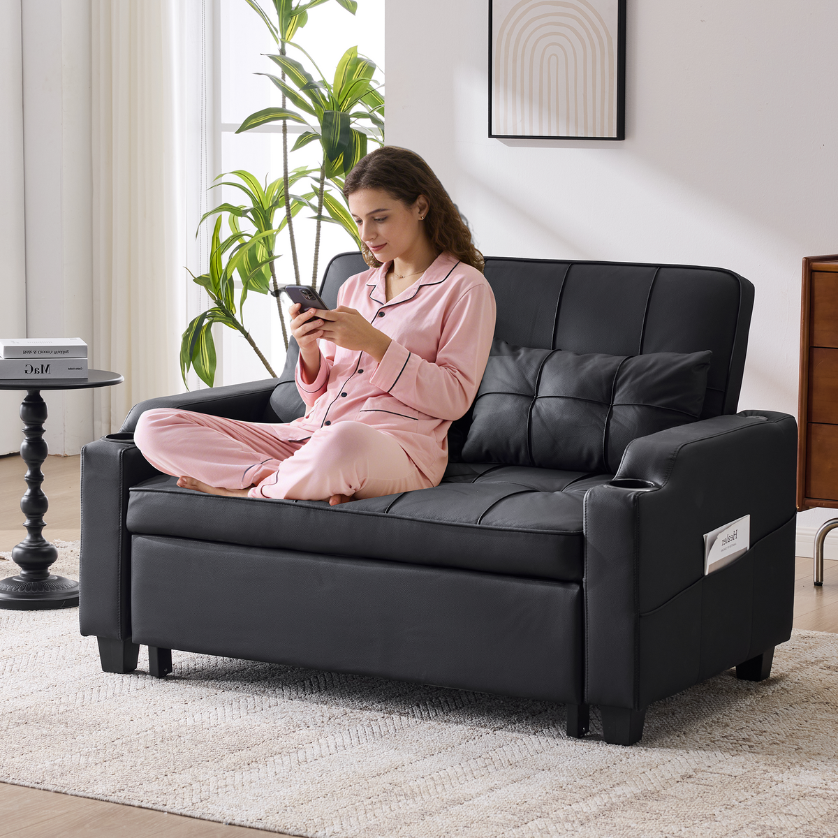EROMMY 51" Pull Out Sofa Bed, Convertible Sleeper Sofa Couch Bed with USB Ports ＆ Adjustable Backrest ＆ Side Pocket ＆ 2 Pillows, Loveseat Sofa for Living Room, Bedroom, Black