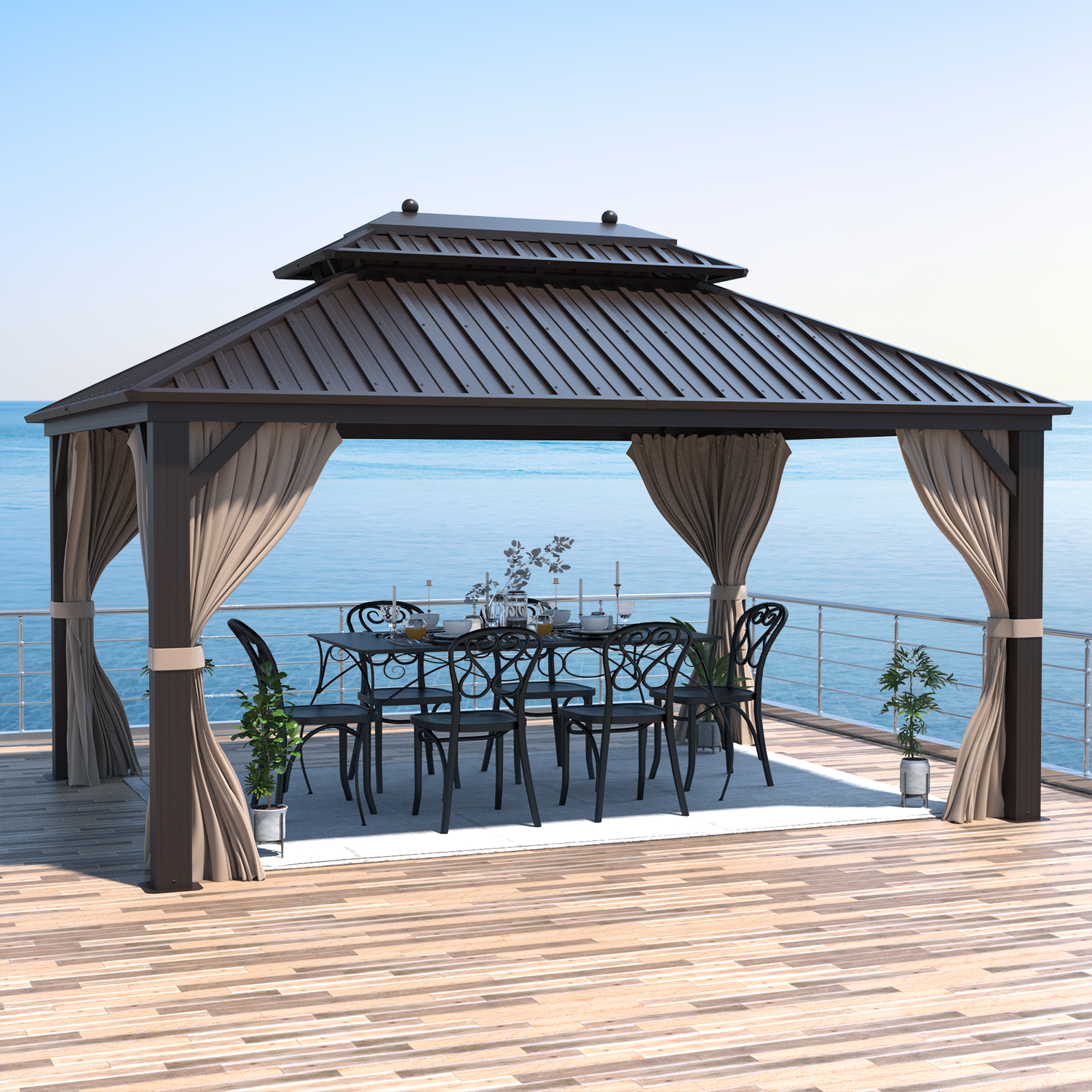 EROMMY 10'x13' Hardtop Gazebo Galvanized Steel Double-Roof Gazebo w/ Netting Curtain - Erommy