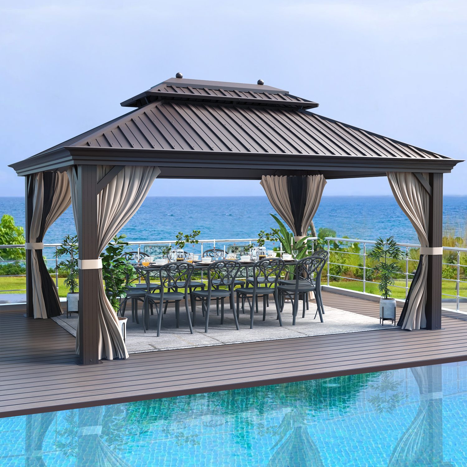EROMMY 12'x16' Hardtop Gazebo Galvanized Steel Double-Roof Pergola w/ Netting Curtain - Erommy