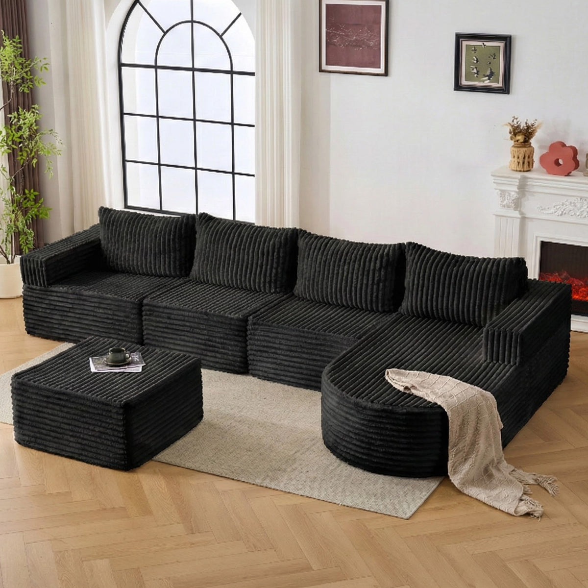 EROMMY 132 Inch Modular Sectional Sofa, Boneless U-Shaped Couch with Memory Foam Seating, Black