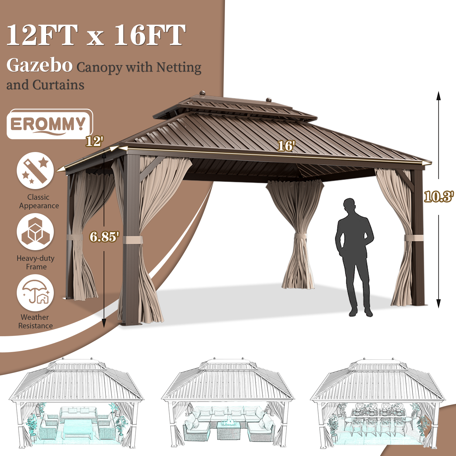EROMMY 12'x16' Hardtop Gazebo Galvanized Steel Double-Roof Pergola w/ Netting Curtain - Erommy