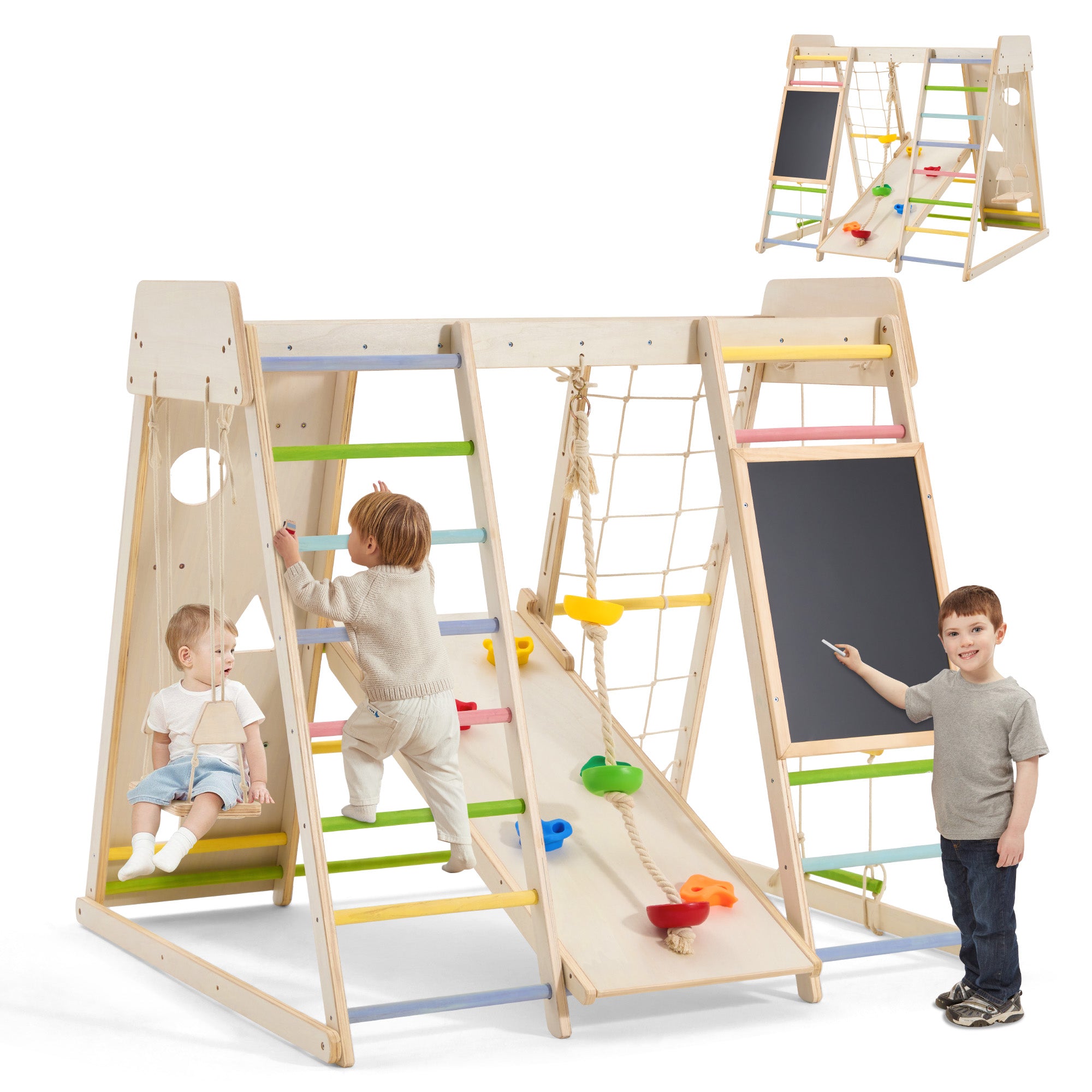 EROMMY Wooden Indoor Jungle Gym for Kids, 9 in 1 Indoor Playground Climbing Toys for Toddlers with Blackboard, Swing, Double-Sided Slide, Monkey Bar, Rope Ladder, Crawing Rock, Climbing Net & Rope