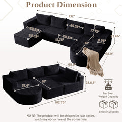 EROMMY 132 Inch Modular Sectional Sofa, Boneless U-Shaped Couch with Memory Foam Seating, Black