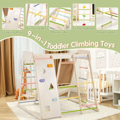 EROMMY Wooden Indoor Jungle Gym for Kids, 9 in 1 Indoor Playground Climbing Toys for Toddlers with Blackboard, Swing, Double-Sided Slide, Monkey Bar, Rope Ladder, Crawing Rock, Climbing Net & Rope