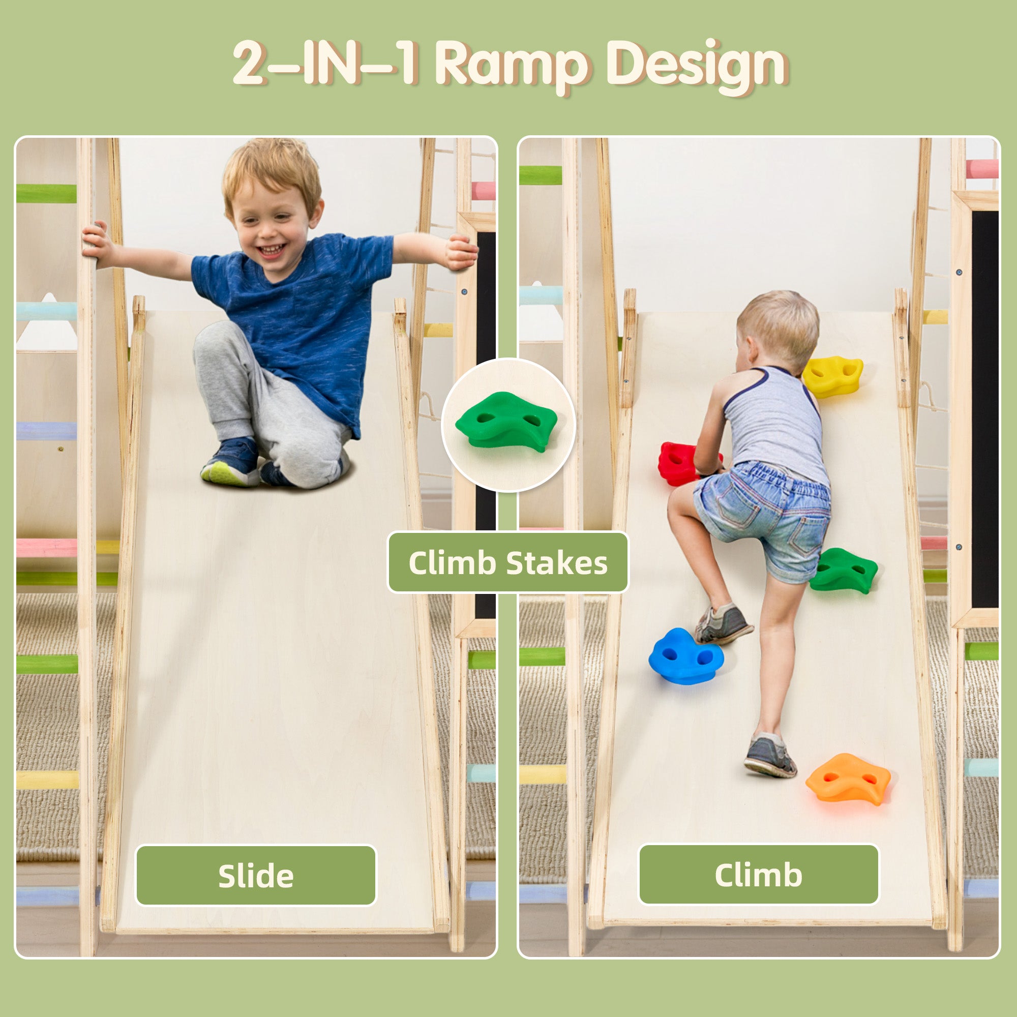 EROMMY Wooden Indoor Jungle Gym for Kids, 9 in 1 Indoor Playground Climbing Toys for Toddlers with Blackboard, Swing, Double-Sided Slide, Monkey Bar, Rope Ladder, Crawing Rock, Climbing Net & Rope