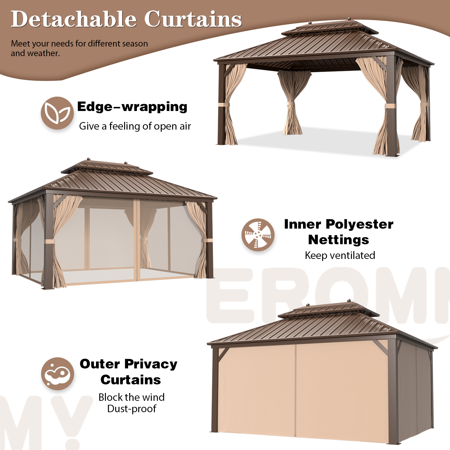 EROMMY 10'x13' Hardtop Gazebo Galvanized Steel Double-Roof Gazebo w/ Netting Curtain - Erommy