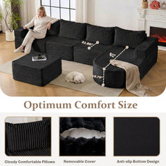 EROMMY 132 Inch Modular Sectional Sofa, Boneless U-Shaped Couch with Memory Foam Seating, Black