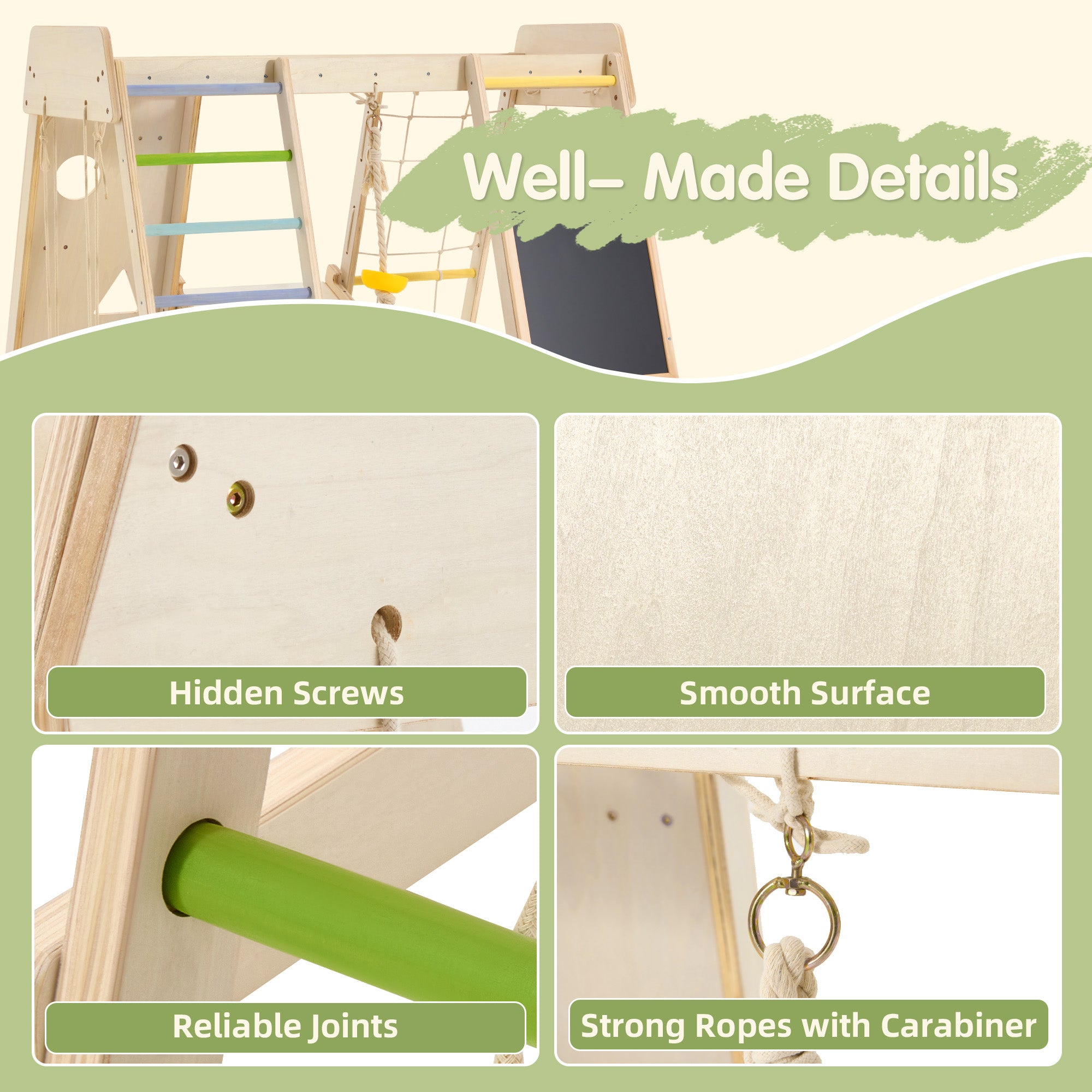 EROMMY Wooden Indoor Jungle Gym for Kids, 9 in 1 Indoor Playground Climbing Toys for Toddlers with Blackboard, Swing, Double-Sided Slide, Monkey Bar, Rope Ladder, Crawing Rock, Climbing Net & Rope