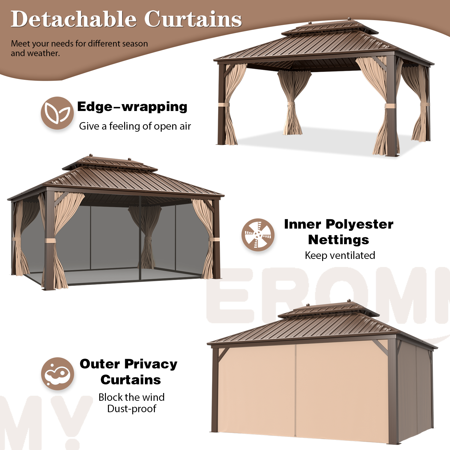 EROMMY 12'x16' Hardtop Gazebo Galvanized Steel Double-Roof Pergola w/ Netting Curtain - Erommy