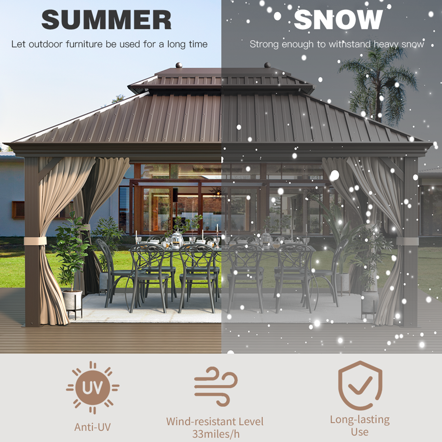 EROMMY 12'x16' Hardtop Gazebo Galvanized Steel Double-Roof Pergola w/ Netting Curtain - Erommy