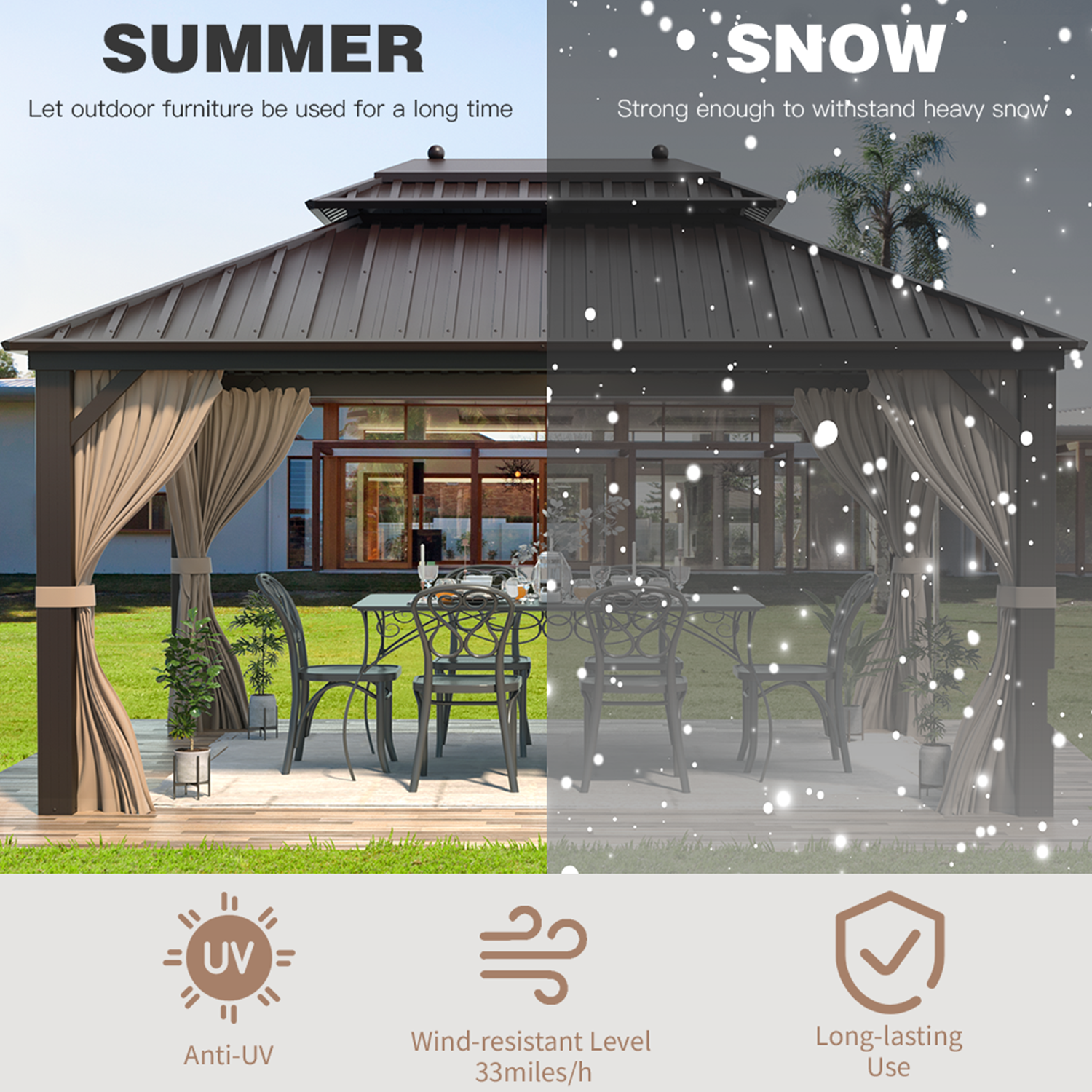 EROMMY 10'x13' Hardtop Gazebo Galvanized Steel Double-Roof Gazebo w/ Netting Curtain - Erommy