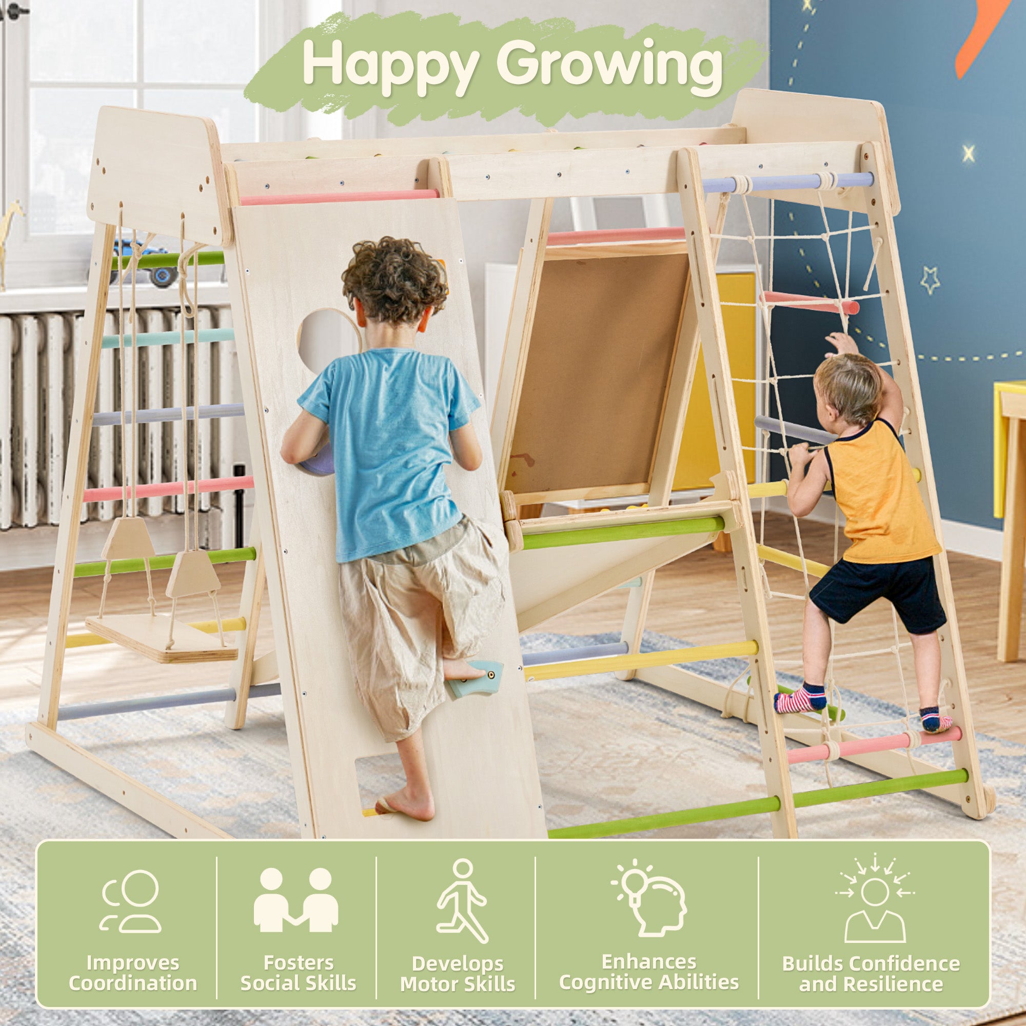 EROMMY Wooden Indoor Jungle Gym for Kids, 9 in 1 Indoor Playground Climbing Toys for Toddlers with Blackboard, Swing, Double-Sided Slide, Monkey Bar, Rope Ladder, Crawing Rock, Climbing Net & Rope