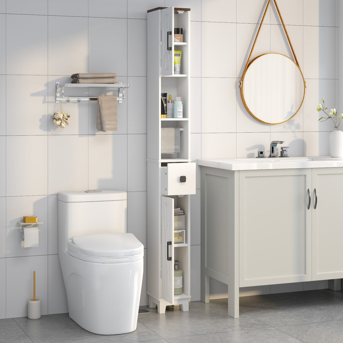 EROMMY Narrow Bathroom Storage Cabinet,71'' Tall Slim Bathroom Cabinet with Adjustable Shelves & Towel Bar, Skinny Freestanding Floor Cabinet for Small Space, Living Room, Shower Room, White